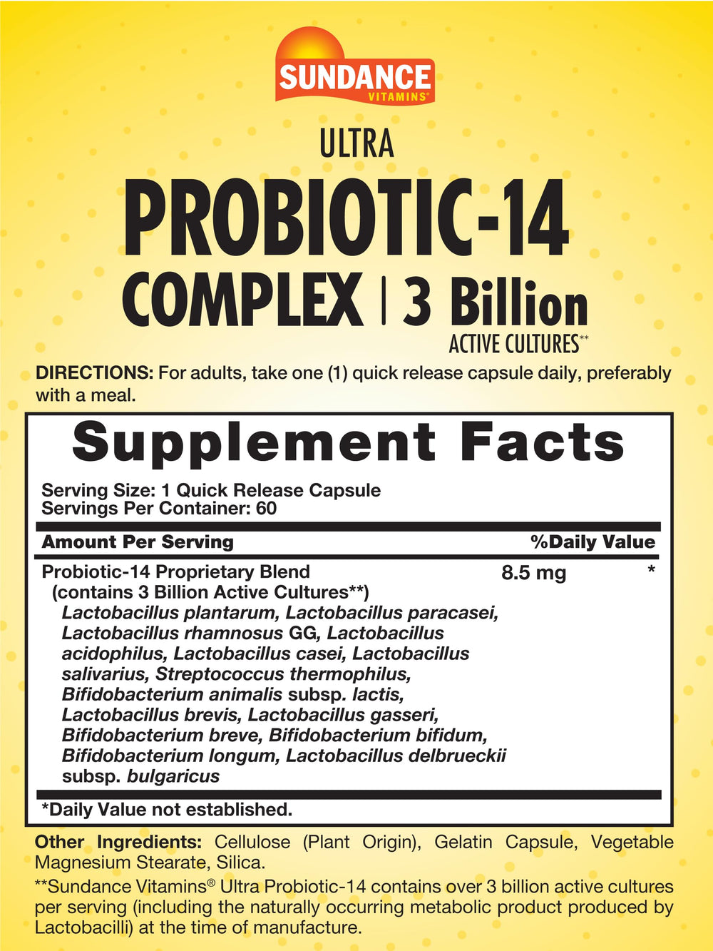 Close-up of Sundance Probiotic-14 Complex bottle label
