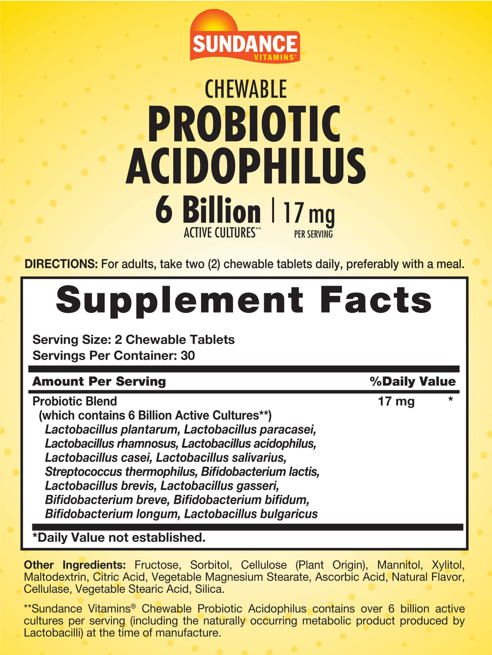 Back label on Sundance Probiotic Acidophilus bottle, berry flavor
