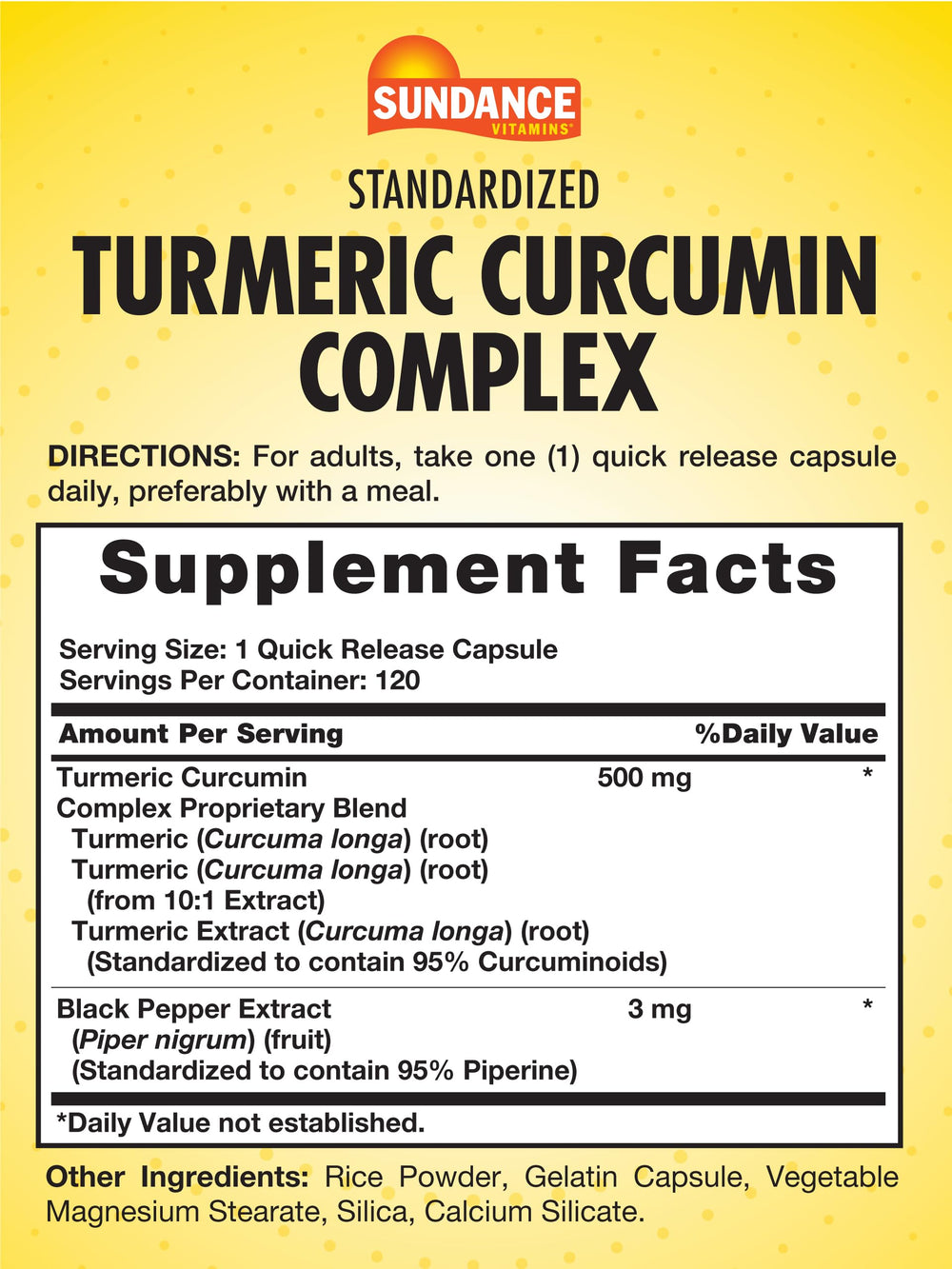 Sundance Turmeric Curcumin Complex packaging label on white background