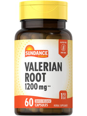 Bottle of Sundance Valerian Root Supplement with label showing 1200 mg per serving and 60 quick-release capsules