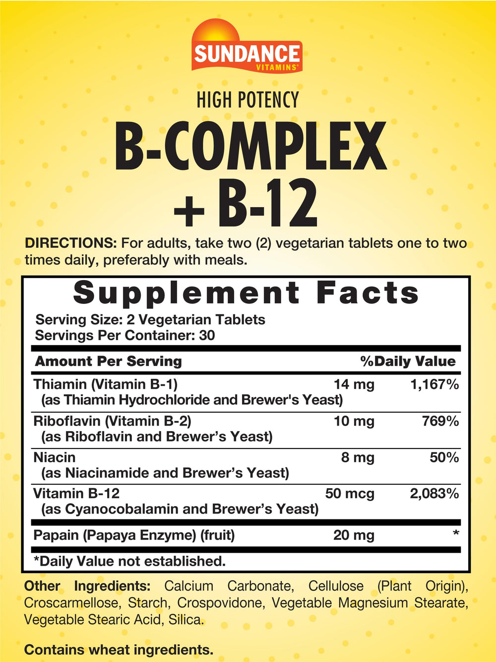 Close-up of Sundance Vitamin B-Complex with B-12 tablets