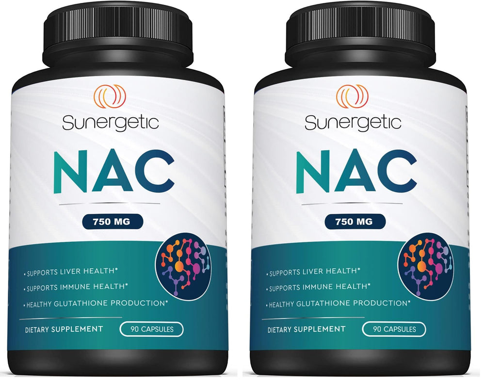 Sunergetic NAC 750mg bottle for daily immune and liver support.