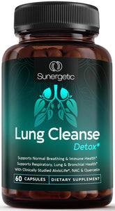 Sunergetic premium lung supplement bottle - supports everyday breathing and lung health.
