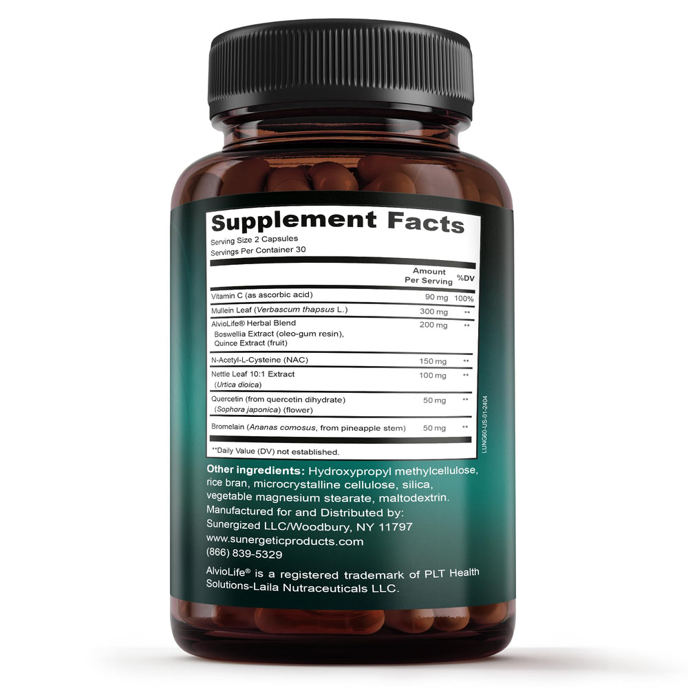 Sunergetic lung supplement capsules close-up - easy daily dosing for respiratory support.