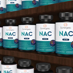 Sunergetic Premium NAC bottle with lifestyle setting hints at a consistent wellness routine.