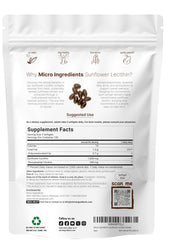 Back label showing nutrition and ingredients for Micro Ingredients Sunflower Lecithin 300 softgels