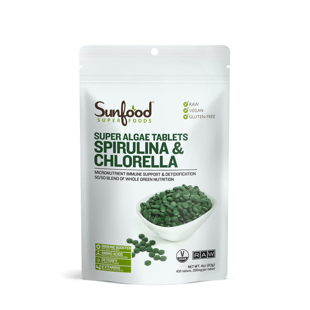 Front view of Sunfood Chlorella Spirulina Tablets 4 oz bag