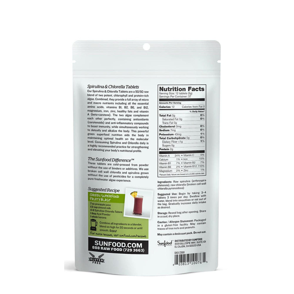 Nutrition and ingredients highlights for Sunfood Chlorella Spirulina Tablets