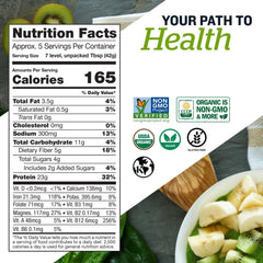Sunfood Supergreens & Protein tub label highlights 19 greens for comprehensive nutrition.