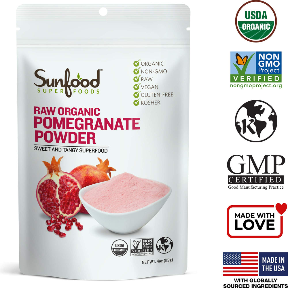 USDA Organic and Non-GMO certification seals on pomegranate powder