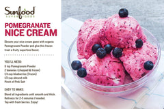 Raw vegan pomegranate powder with scoop and packaging