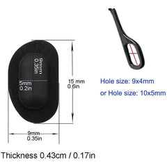 Close-up of nose pad external size 15x9mm and frame hole sizes 9x4mm or 10x5mm