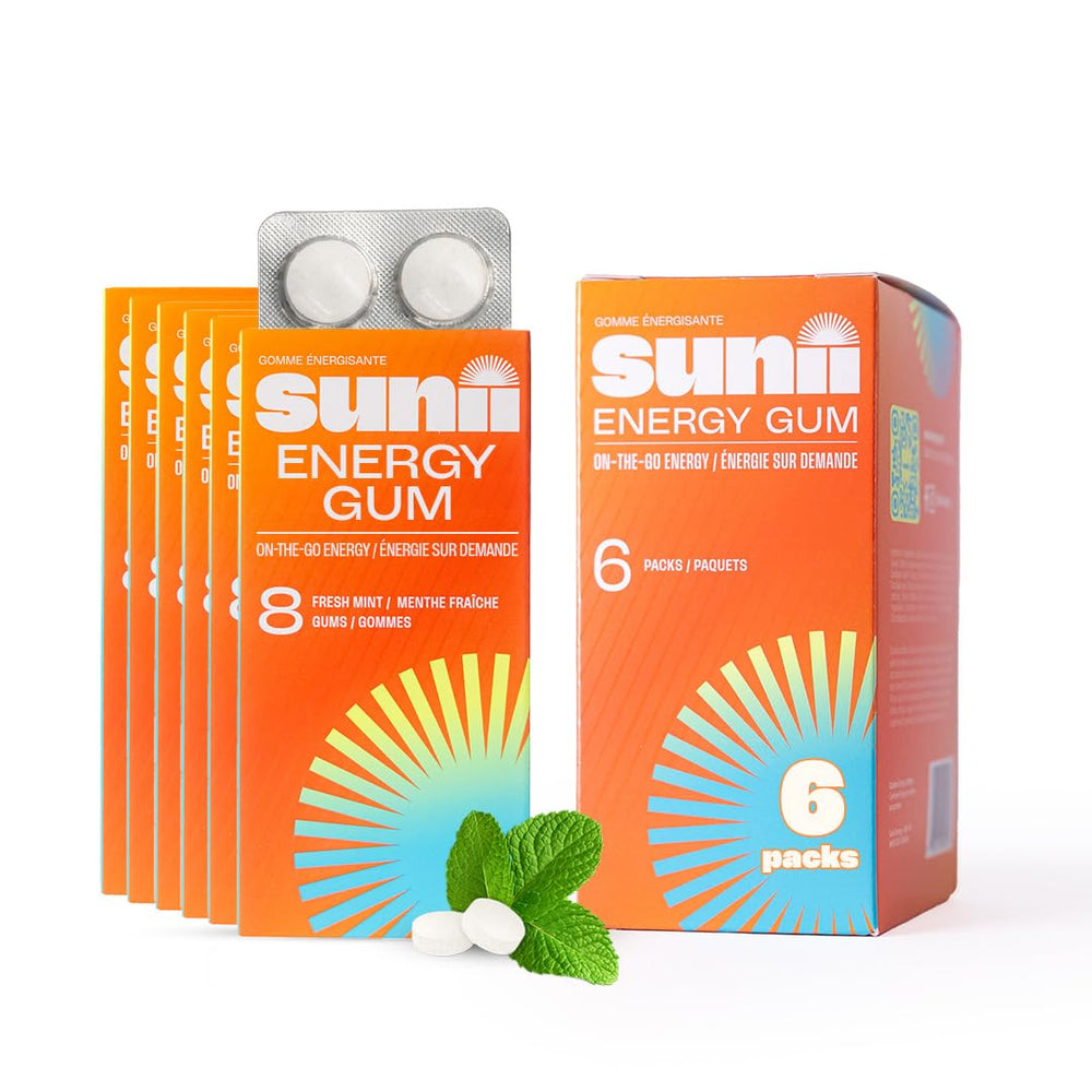 Sunii Energy Gum packaging with fresh mint flavor, portable energy for on-the-go focus