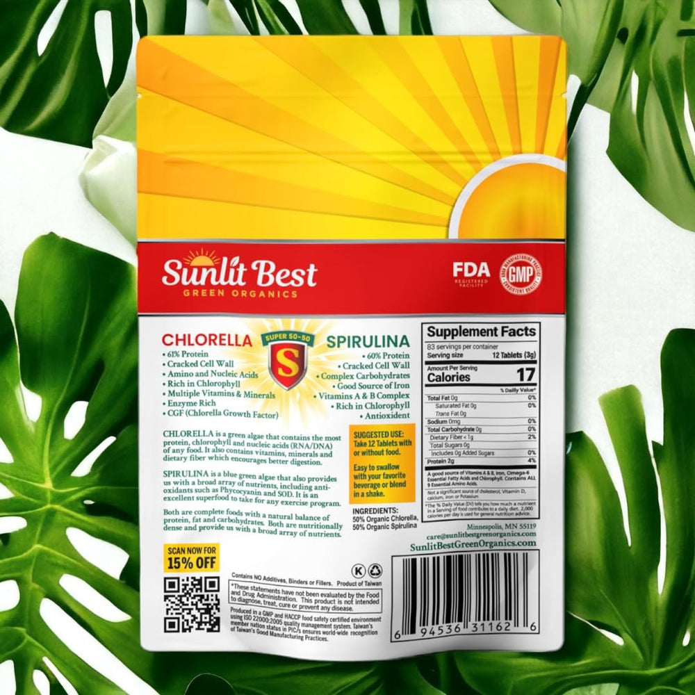 Product packaging showing 50/50 chlorella spirulina label