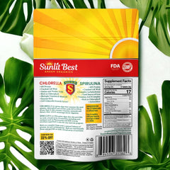 Product packaging showing 50/50 chlorella spirulina label