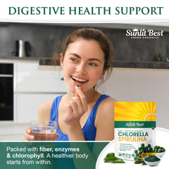 Nutrient-rich blend including chlorophyll and protein icons