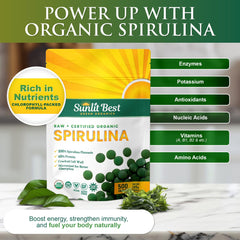 Close-up of Sunlit Best Spirulina tablets bottle
