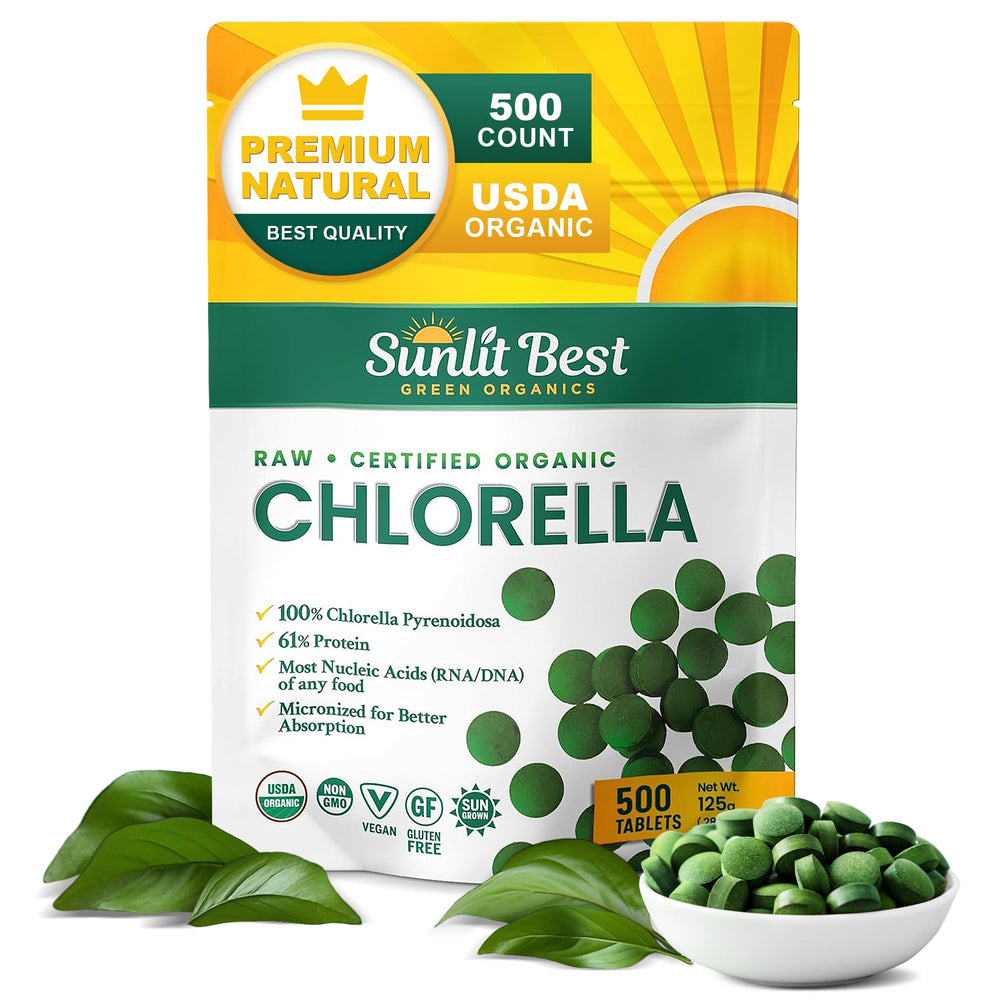 Sunlit Best USDA Organic Chlorella tablets bottle label on white background