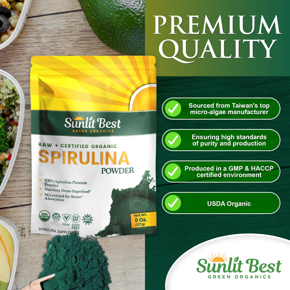 USDA Organic certification seal with spirulina powder
