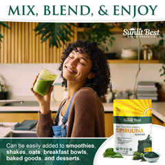 Close-up of blue-green spirulina powder and flakes