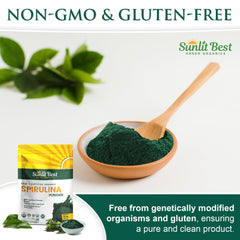 Raw vegan spirulina powder with scoop and oats
