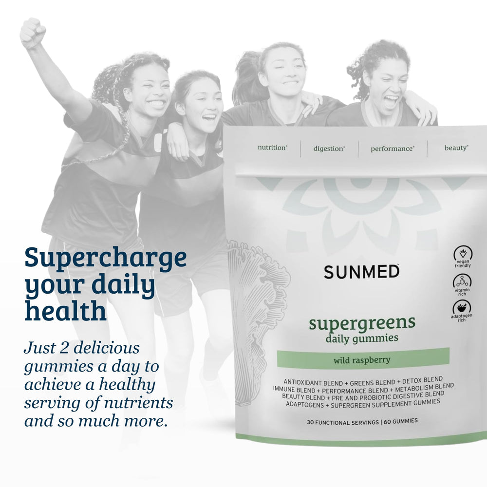 Sunlight on wooden surface with SUNMED Supergreens logo and product