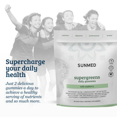 Sunlight on wooden surface with SUNMED Supergreens logo and product
