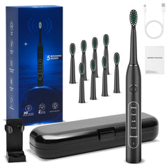 SunnyNest electric toothbrush for adults in black with 8 replacement brush heads