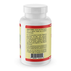 Graphic illustration of digestive enzymes, ox bile and activated charcoal
