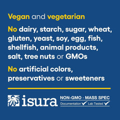 Allergen-free label: dairy, gluten, yeast, soy, egg, fish, shellfish, GMOs