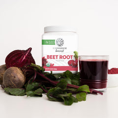 Sunwarrior Beet Root Powder close-up shows rich red pigment for colorful meals.