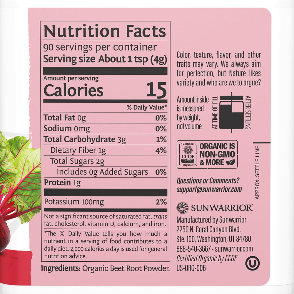 Sunwarrior Beet Root Powder tub ready for daily use in meals.