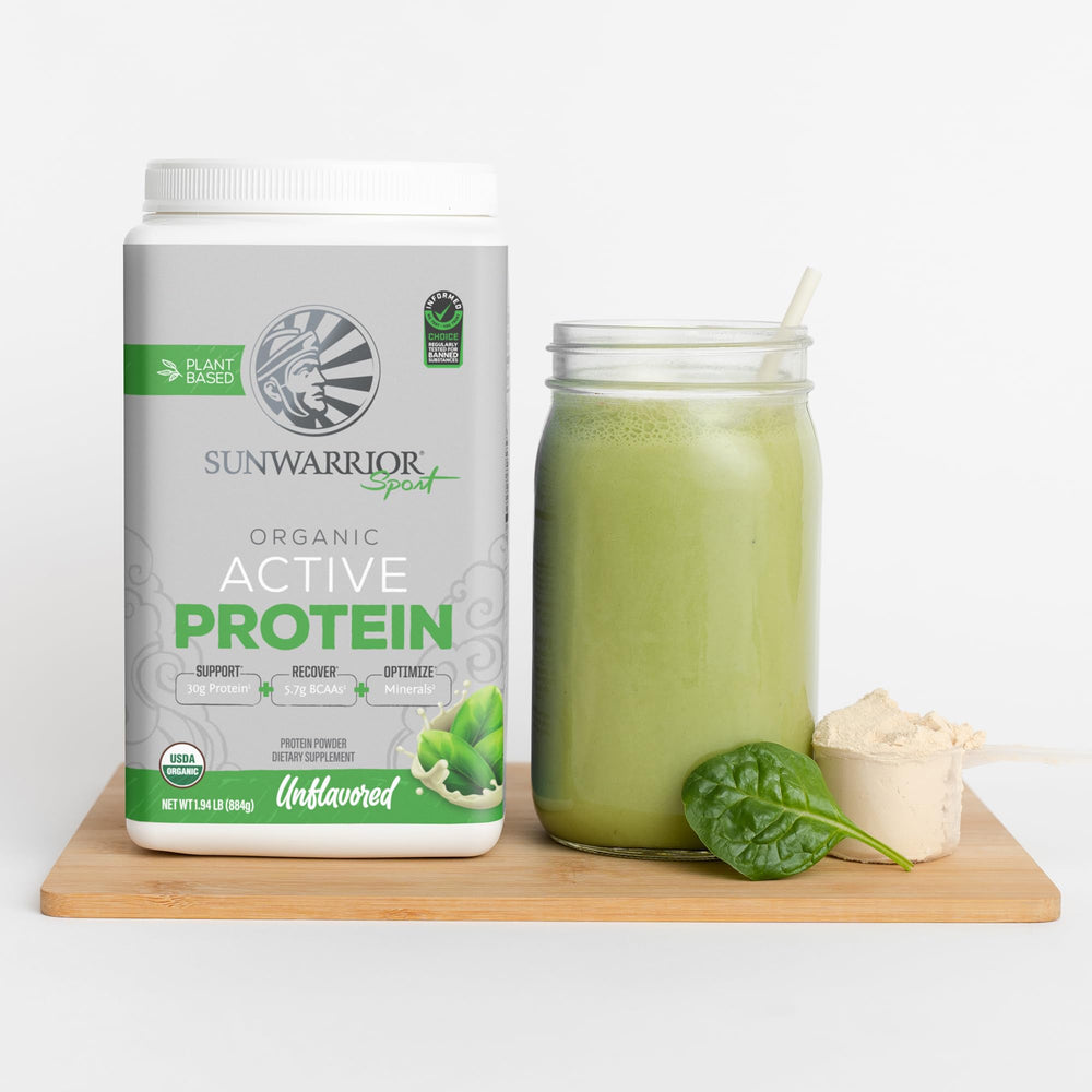 Product shot of Sunwarrior protein powder on natural background
