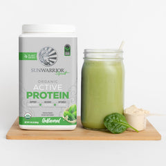 Product shot of Sunwarrior protein powder on natural background