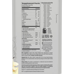 Vanilla protein powder in a scoop on a white surface