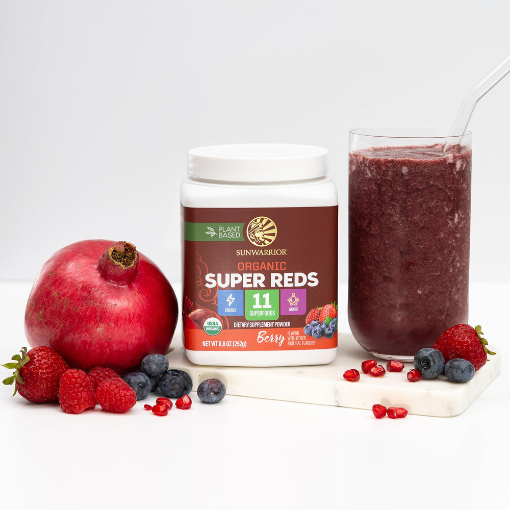 Sunwarrior Organic Super Reds glass demonstrates versatile use in juice or smoothies