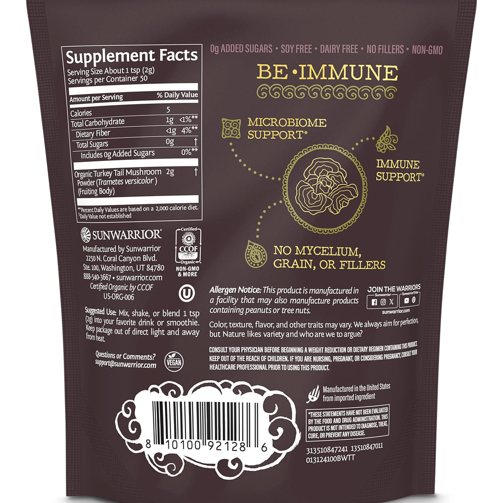 Back panel of Sunwarrior Organic Turkey Tail Mushroom Powder 100g pouch with nutrition info