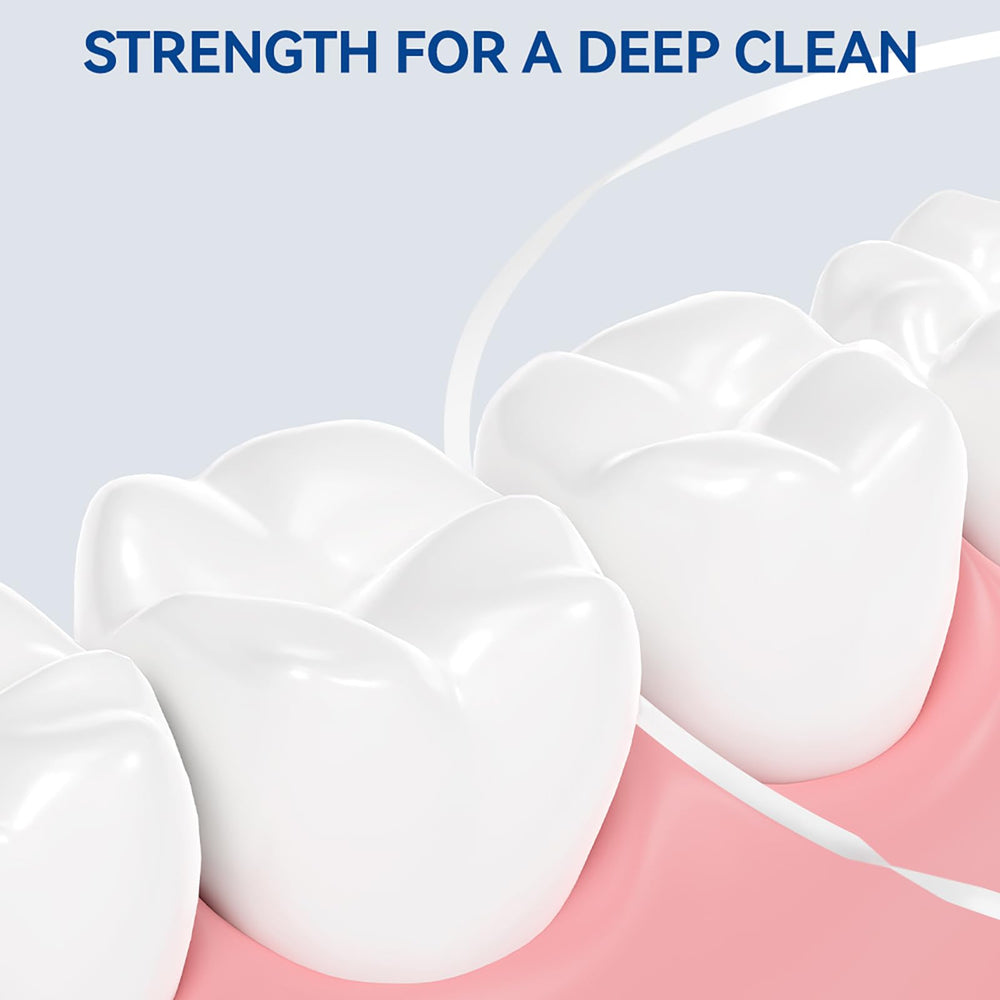 Mint PTFE floss being used between teeth
