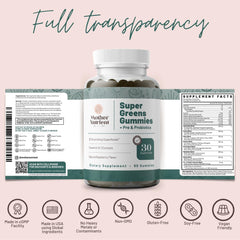 Box and bottle packaging of Mother Nutrient Super Greens Gummies