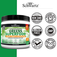 Illustration of ingredients: 43 green superfoods including spirulina and chlorella