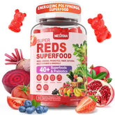Bottle of Super Greens & Reds Gummies with raspberry flavor label