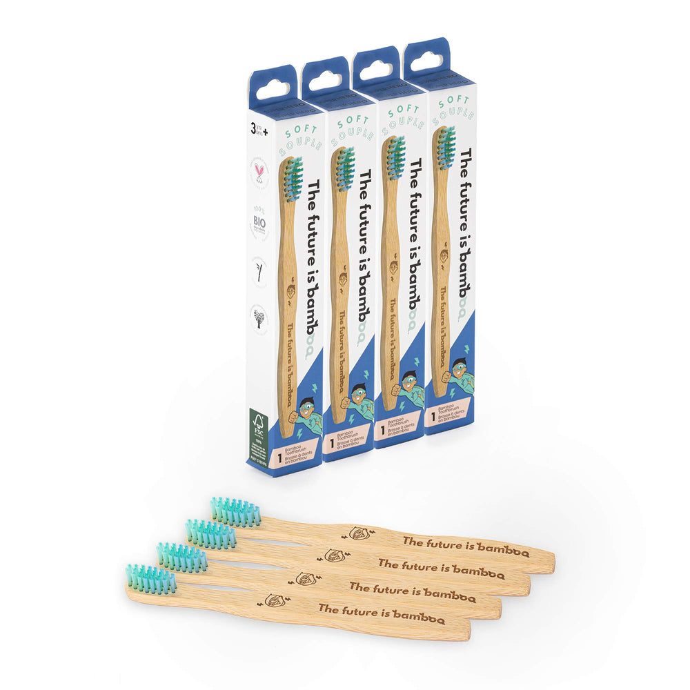 Front view of The Future is Bamboo Super Hero Kids Toothbrush Pack 4