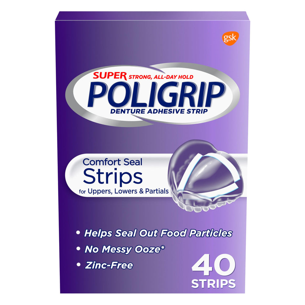 Front view of Super Poligrip Comfort Seal Adhesive Strips packaging