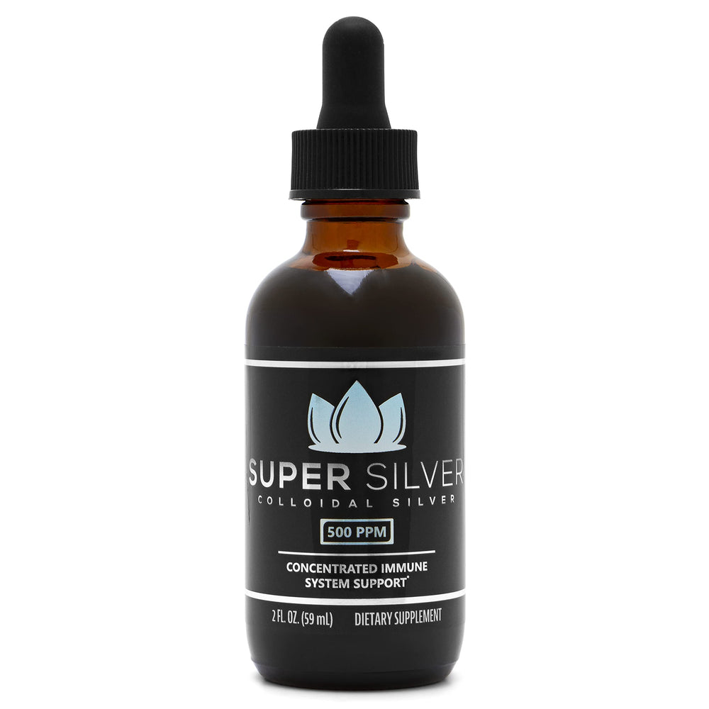 Front view of Super Silver 500 PPM Colloidal Silver 2 oz bottle with dropper