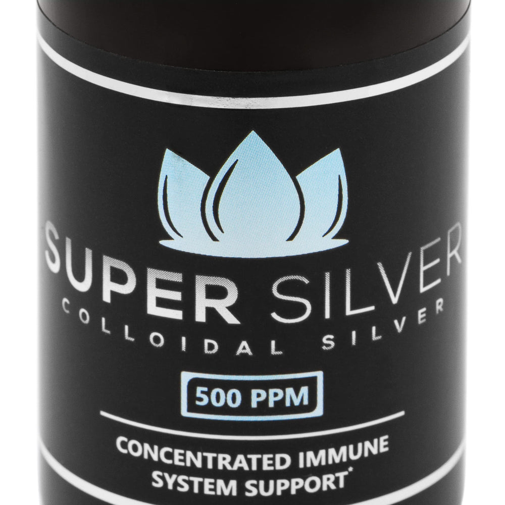 Label detail of Super Silver 500 PPM Colloidal Silver bottle