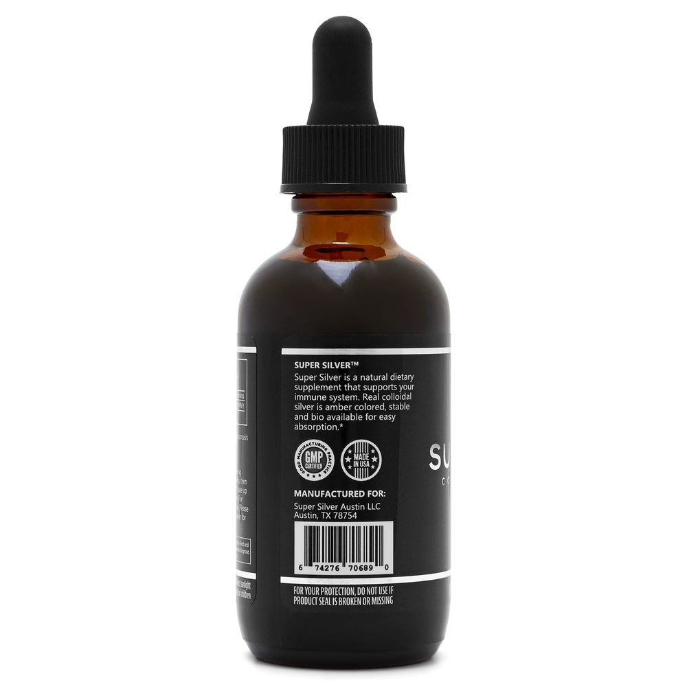 Bottle and dropper of Super Silver 500 PPM Colloidal Silver