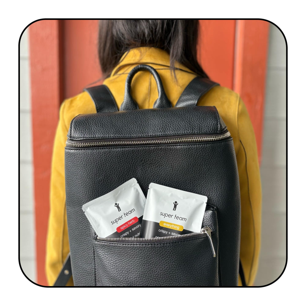 Super Team savory crispy bar allergen-free label signals vegan and gluten-free options.