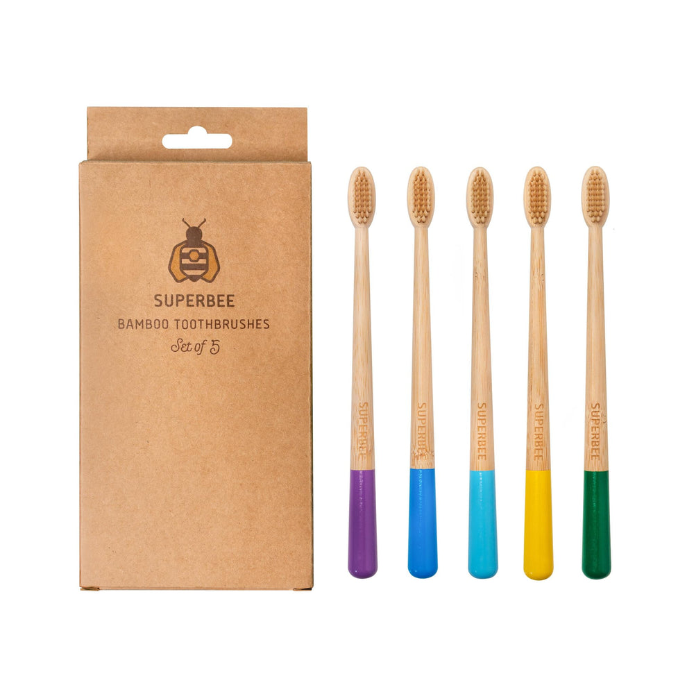 Superbee Bamboo Toothbrushes 5 Pack with Colorful Handles