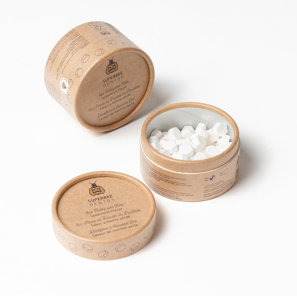 Travel-size packaging of SuperBee Dentos toothpaste tablets