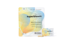 Front view of Superbloom Recovery Liver Support bottle with sachets